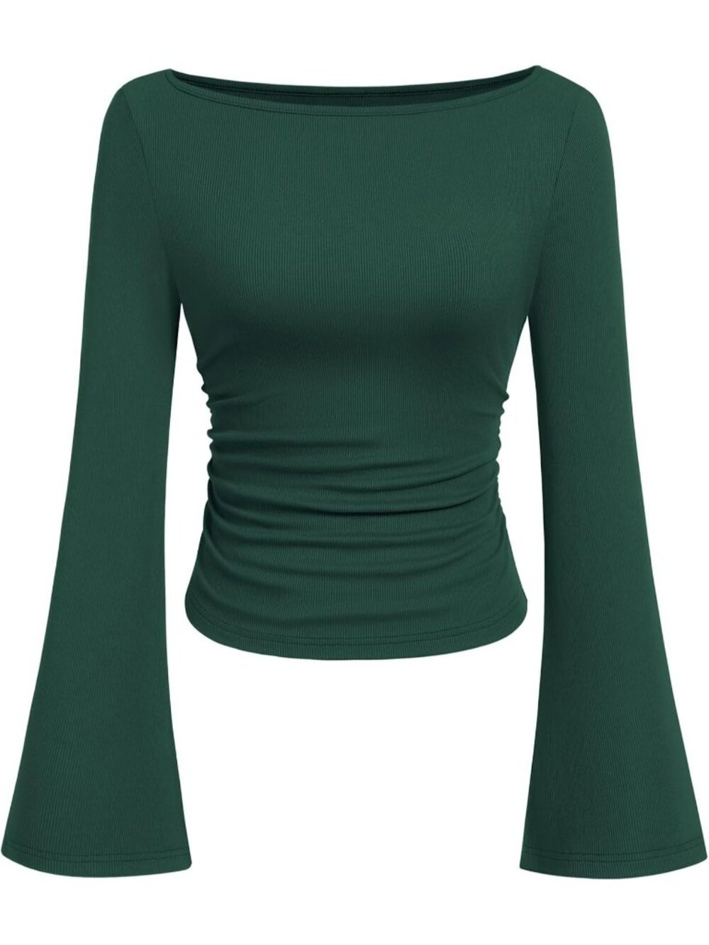 Women's Dark Green Trendy Boat Neck Slim Fit Bell Long Sleeve Ribbed Knit Tops